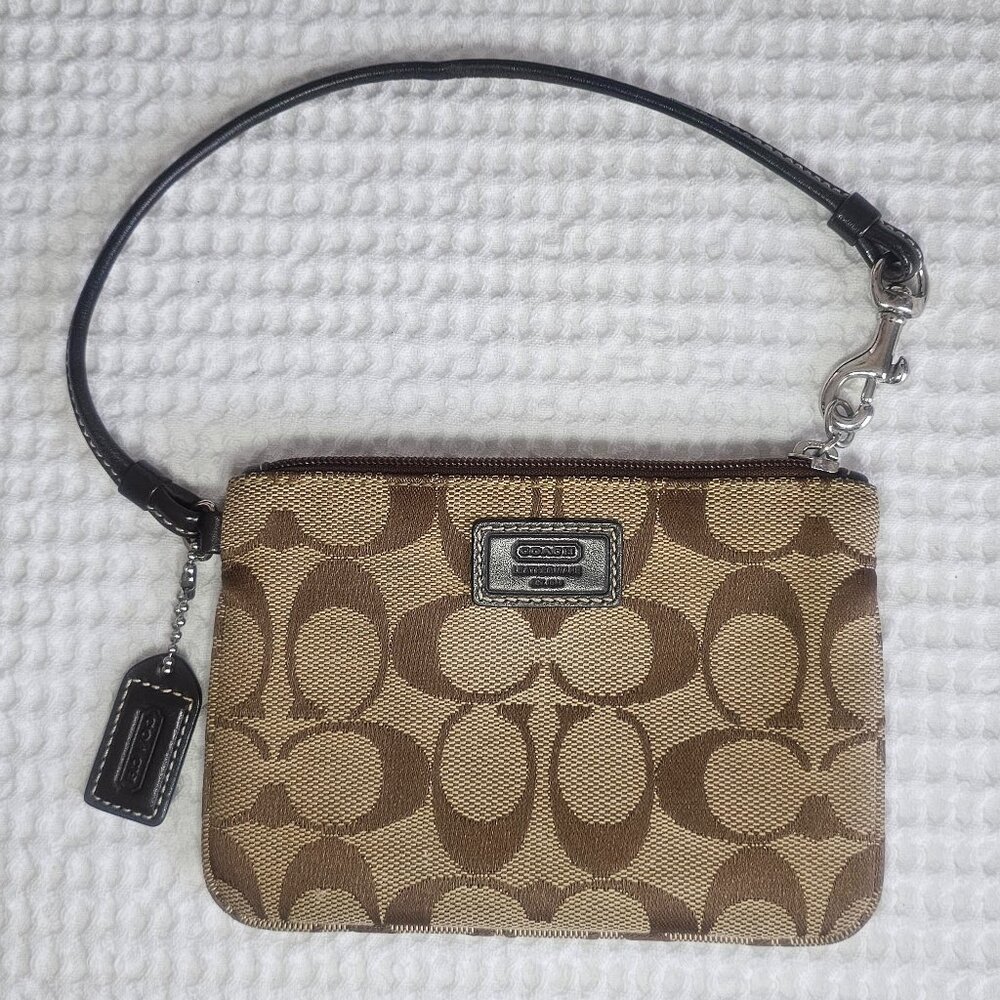 Coach Signature Brown Monogram Wristlet Bag with Leather Detachable Strap